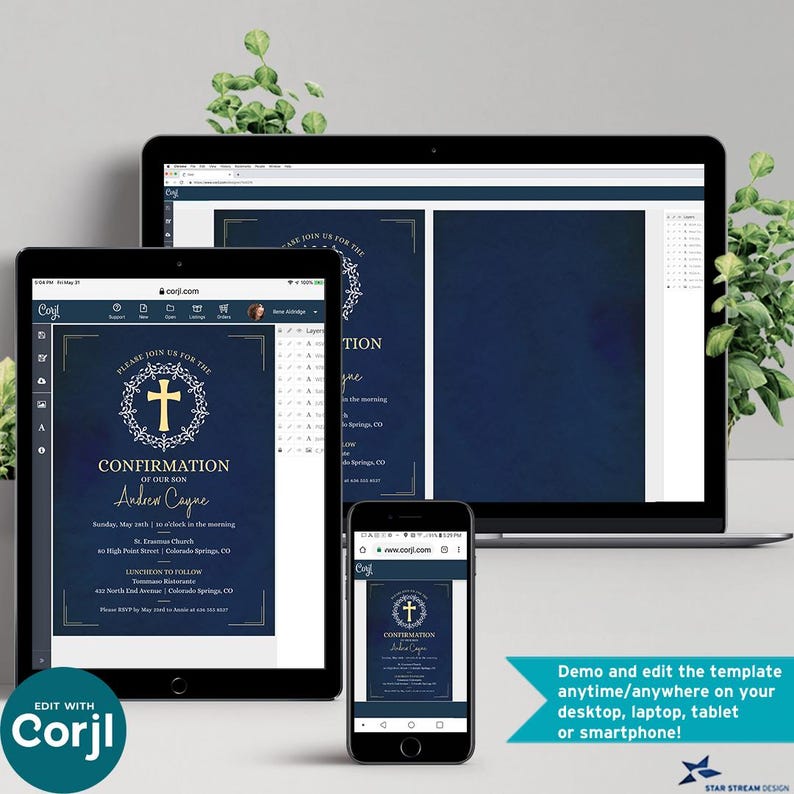 Boy Confirmation Invitation, Blue Watercolor Cross Wreath Template, Editable 5x7 Boy Holy Sacrament Invite, First Communion Printable Evite image 3