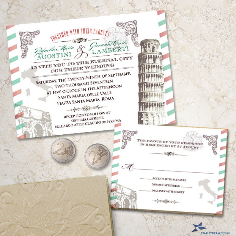 Invitations Vintage Italian Wedding Stationery Set; Invitation and Reply Card Printable US Only Evite or Printed