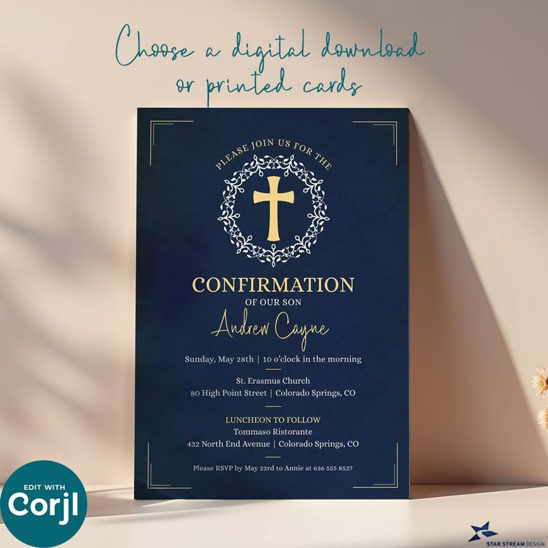 Boy Confirmation Invitation, Blue Watercolor Cross Wreath Template, Editable 5x7 Boy Holy Sacrament Invite, First Communion Printable Evite image 4