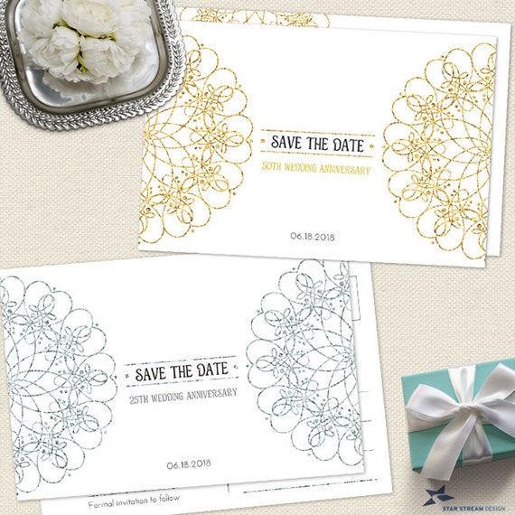 Elegant Mandala Faux Metallic Wedding Anniversary Save the Date Postcard or Card, Faux Silver or Golden, Printable, Evite or Printed Cards Il_570xn