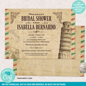 May include: A rectangular bridal shower invitation with a parchment-style background featuring a Leaning Tower of Pisa illustration, red and green striped borders, and black text detailing the event for Isabella Bernardo on October 25th.