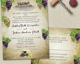 Vineyard Wine and Grapes Rustic Wedding Stationery Set, Invitation and RSVP card; Printable, Evite or Printed (US Only) Invitation