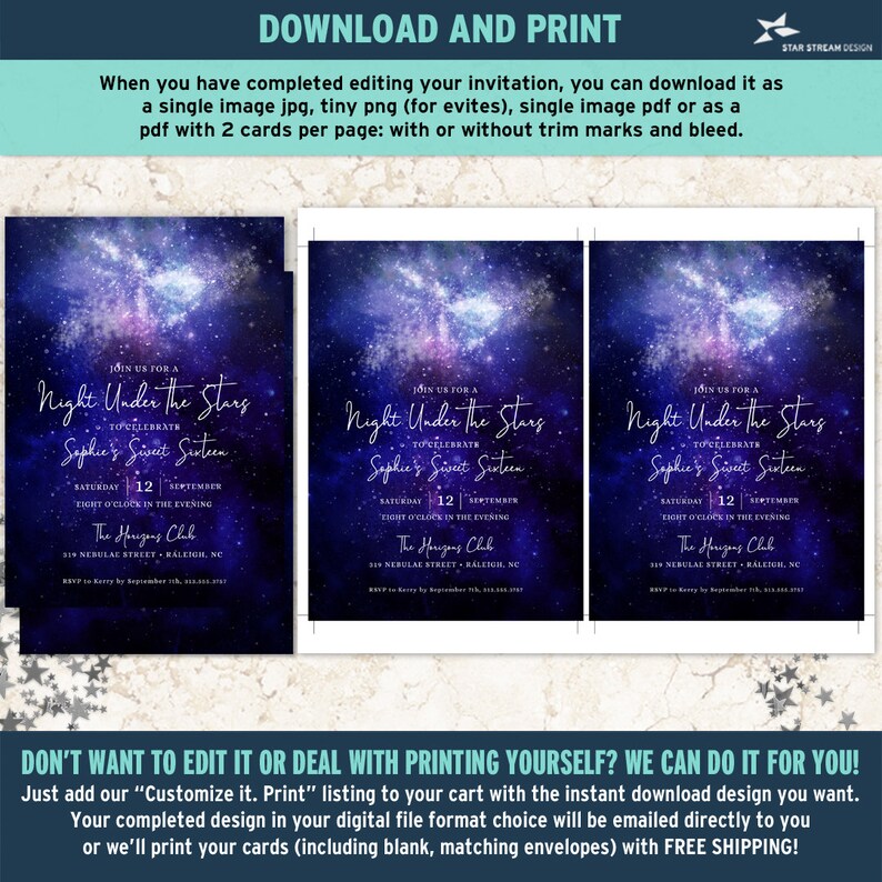 May include: A purple and blue invitation with a galaxy background and white text. The text reads "Join us for a Night Under the Stars to celebrate Sophie's Sweet Sixteen. Saturday, September 12th, Eight o'clock in the evening. The Horizons Club, 319 Nebula Street, Raleigh, NC. RSVP by September 1st, 2023."