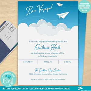 May include: A blue and white printable invitation with the text "Bon Voyage!" and paper airplanes. The invitation is for a going away party for Guiliana Herta. The party will be held on Saturday, April 26th at 3:00 PM at The Southern Cross Canteen, 7026 Arlington Avenue, San Diego, California. RSVP to Jenna by April 23rd at 939.555.4931.