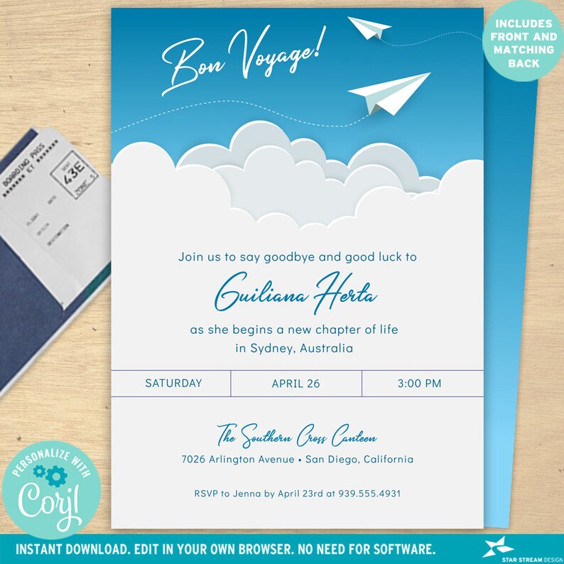 May include: A blue and white printable invitation with the text "Bon Voyage!" and paper airplanes. The invitation is for a going away party for Guiliana Herta. The party will be held on Saturday, April 26th at 3:00 PM at The Southern Cross Canteen, 7026 Arlington Avenue, San Diego, California. RSVP to Jenna by April 23rd at 939.555.4931.