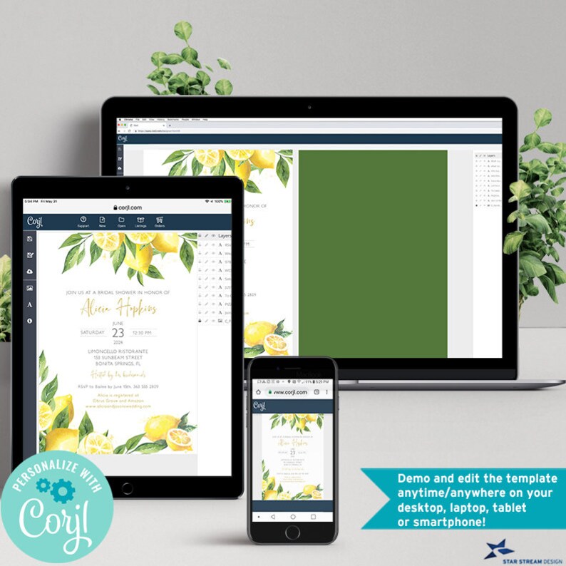 K&ouml;nnte beinhalten: Ein digitales Mockup einer Zitronen-Motto-Brautduscheinladungsvorlage auf einem Laptop, Tablet und Smartphone. Die Einladung zeigt eine Aquarell-Illustration von Zitronen und Gr&uuml;npflanzen mit dem Text "Schlie&szlig;en Sie sich uns zu einer Brautdusche zu Ehren von Alicia Hopkins an" und dem Datum "23. Juni 2023".