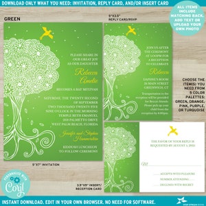 Ornate Tree of Life Bat Mitzvah Invitation, RSVP, and/or Insert 5 color options Editable Digital Template Edit Online & Print Green