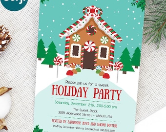 Gingerbread House Holiday Party Invitation, Christmas Decorating Party Template, Digital Download or Printed Invites, Corjl Invite