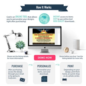 May include: A digital illustration of a how-to guide for using a Corjl online tool to personalise and print designs. The guide shows the steps for purchasing, personalising, and printing designs. The image includes a sample design for a performance invitation with the text "One Performance Only!" and "Gabriella Rosenberg".