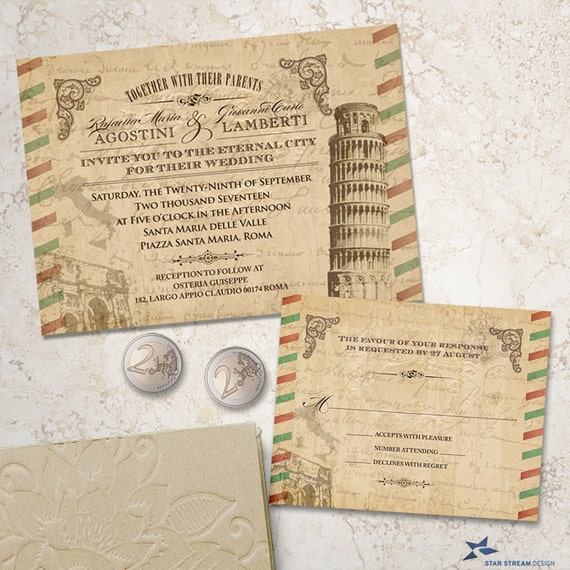 Vintage Italian Wedding Stationery Set; Invitation and Reply Card, Printable, Evite or Printed (US Only) Invitations Il_570xn