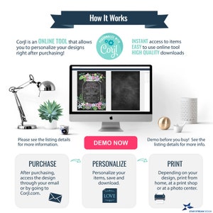 Pode incluir: Um gr&aacute;fico que mostra como usar Corjl, uma ferramenta online para personalizar e imprimir designs. O gr&aacute;fico mostra uma tela de computador com um design floral, um bot&atilde;o de demonstra&ccedil;&atilde;o e tr&ecirc;s etapas: compra, personaliza&ccedil;&atilde;o e impress&atilde;o. O texto "Corjl &eacute; uma FERRAMENTA ONLINE que permite personalizar seus designs logo ap&oacute;s a compra!" est&aacute; inclu&iacute;do no gr&aacute;fico.