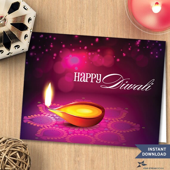 Bokeh Lights Diwali Lamp Printable Greeting Card, Instant Download JPGs and PDF (not editable) Il_570xn