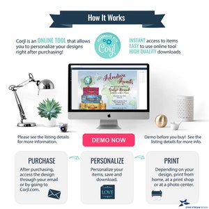 May include: A digital illustration of a travel-themed invitation with a globe, suitcases, and clouds. The text on the invitation reads "Adventure Awaits" and "Bridget Broumult". The invitation is displayed on a computer screen with a white background. The image also includes a description of how to use the online tool Corjl to personalize and print the invitation.