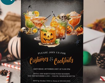 Halloween Costumes and Cocktails Party Invitation, Printable Spooky Adult Drink Invites Template, Digital or Printed Options, Corjl