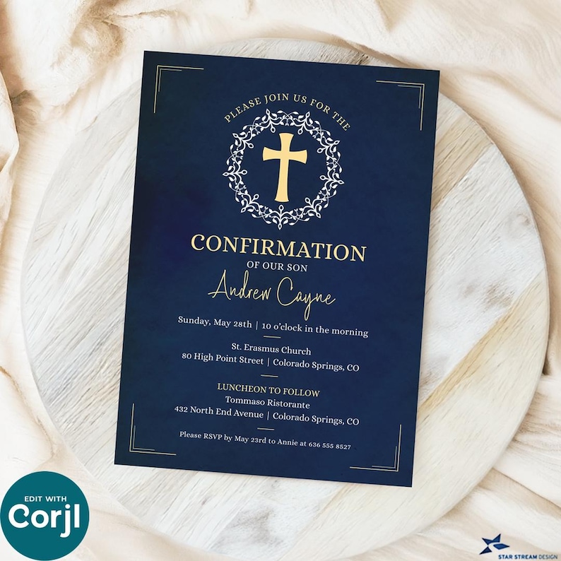 Digital confirmation invitation template featuring a hand-painted watercolor wreath in shades of blue. At the center, an elegant blue cross is prominently displayed. The minimalist design includes placeholder text for event details such as the date, time, location, and RSVP information. The clean, religious aesthetic is designed for a boy's confirmation celebration. This editable template is customizable via Corjl and perfect for a modern, printable invitation.