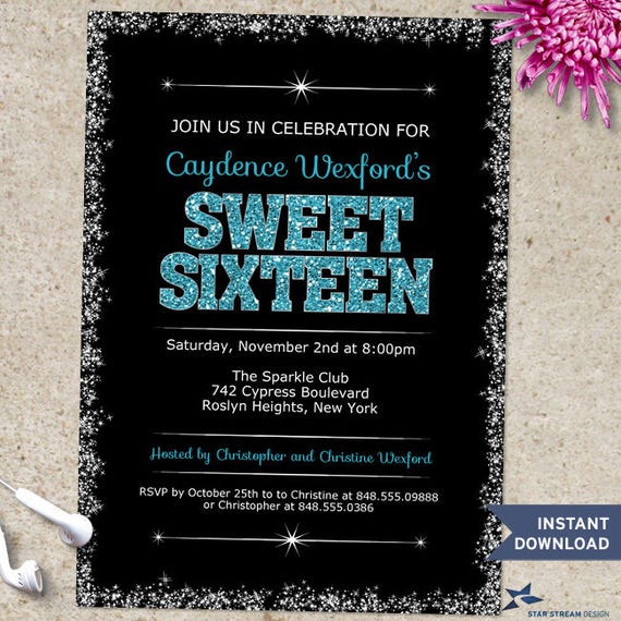 Sparkling Edge Blue Glitter Look Sweet 16 Birthday Printable Party Invitation Template, Two 5"x7" Invitations, Editable PDF Instant Download Il_570xn