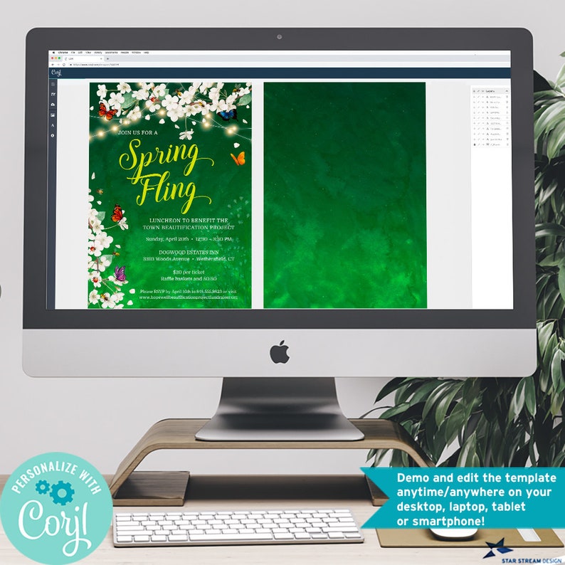 May include: A digital invitation for a Spring Fling event with a floral design and butterflies. The event is a luncheon to benefit the town beautification project. The event is on Sunday, April 2019, from 12:00 to 3:00 PM at the Douwood Center in Woodsville, CT. The cost is $15 per ticket and includes a raffle.