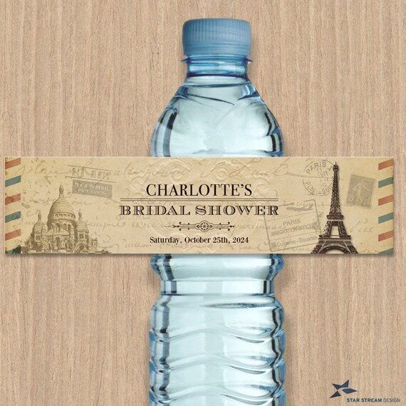 Vintage Parisian Bridal Wedding Shower Printable Water Bottle Labels; 8"x2", Two Editable PDFs, Instant Download Il_570xn