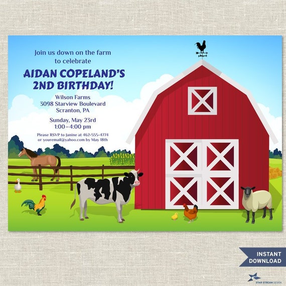 Down on the Farm Printable Birthday Party Invitation Templates, 7"x5", Two Editable PDF Instant Downloads Il_570xn