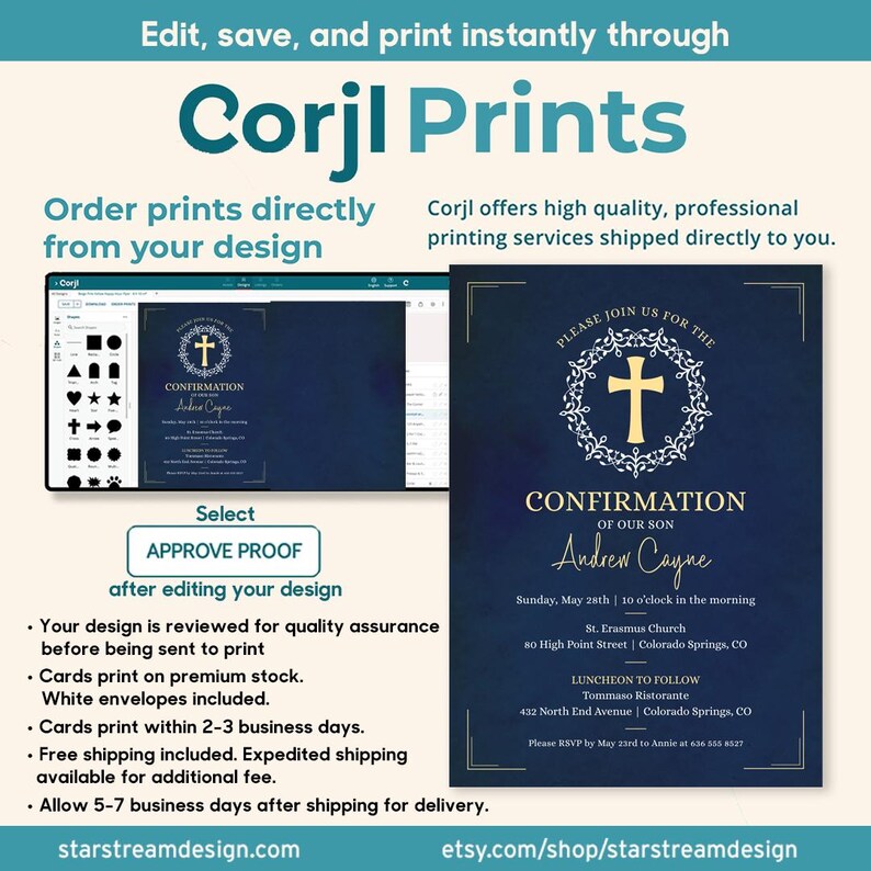 Boy Confirmation Invitation, Blue Watercolor Cross Wreath Template, Editable 5x7 Boy Holy Sacrament Invite, First Communion Printable Evite image 7