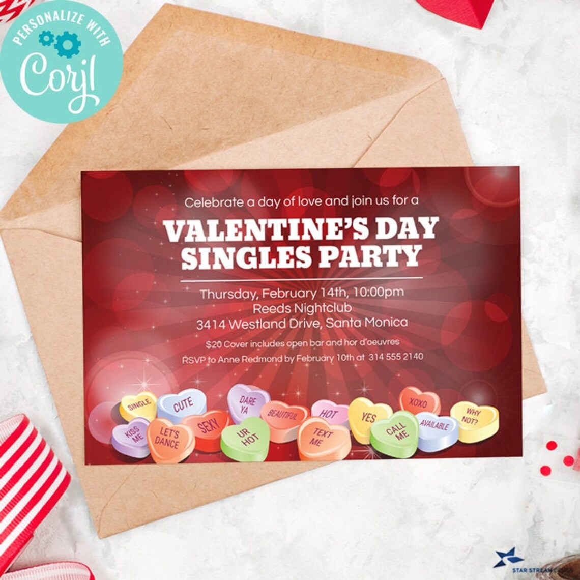 Candy Hearts Valentines Day Party Invitation 7x5 Two sided