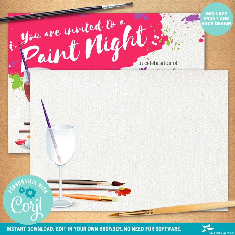 Paint Night, Paint and Sip Wine Glass Canvas Party Invitation 2-sided, 7x5 Editable Template Edit Online & Print image 3