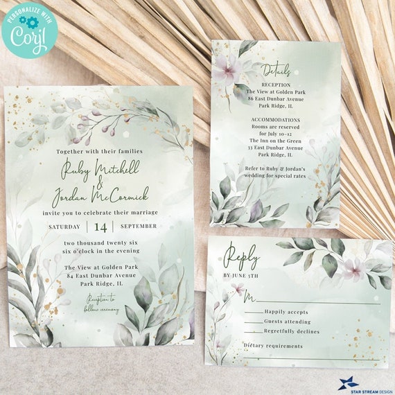 Greenery and Gold Wedding Stationery Suite | Choose Invite, RSVP, and/or Insert Card | Editable Digital Templates | Edit Online & Print Il_570xn