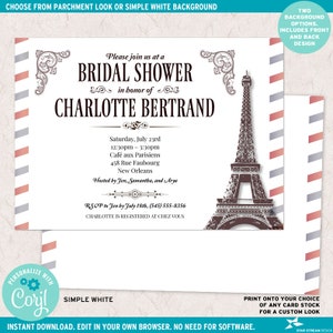 May include: A bridal shower invitation card featuring a brown Eiffel Tower illustration on the right side. The text reads: Please join us at a BRIDAL SHOWER in honor of CHARLOTTE BERTRAND, Saturday, July 23rd, 12:30pm &ndash; 3:30pm, Caf&eacute; aux Parisiens, 458 Rue Faubourg, New Orleans, Hosted by Jen, Samantha, and Arya, RSVP to Jen by July 18th, (545) 555-8356, CHARLOTTE IS REGISTERED AT CHEZ VOUS.