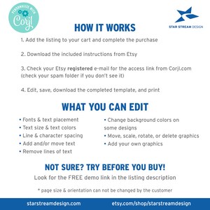 May include: An informational graphic with blue text on a white background explaining how to use a digital template. It details steps for purchasing, accessing via Corjl, and editing features like fonts, text, and graphics, plus a demo link.