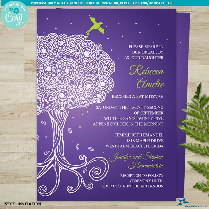 Ornate Tree of Life Bat Mitzvah Invitation, RSVP, and/or Insert 5 color options Editable Digital Template Edit Online & Print image 1