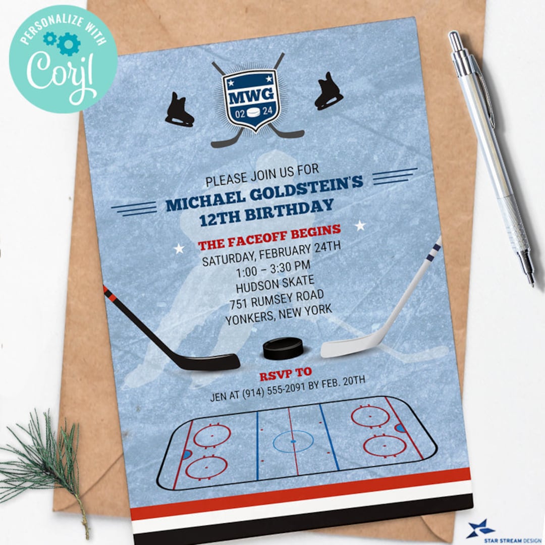 Ice Hockey Skating Birthday Party Invitation 2-sided, 5x7 Editable ...