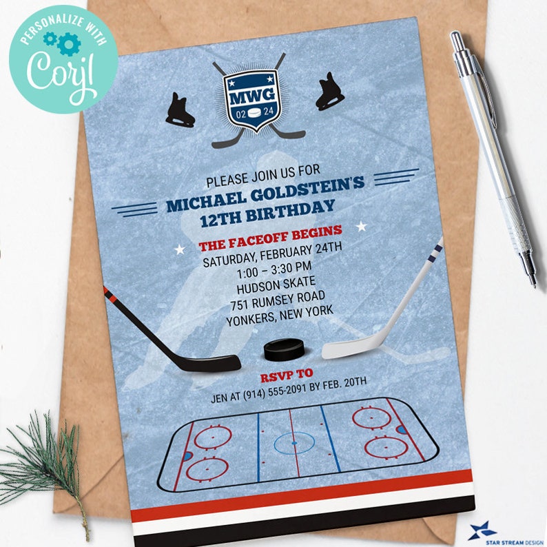 May include: Blue and white hockey-themed birthday invitation with the text "PLEASE JOIN US FOR MICHAEL GOLDSTEIN'S 12TH BIRTHDAY" and "THE FACEOFF BEGINS SATURDAY, FEBRUARY 24TH 1:00-3:30 PM HUDSON SKATE 751 RUMSEY ROAD YONKERS, NEW YORK RSVP TO JEN AT (914) 555-2091 BY FEB. 20TH"