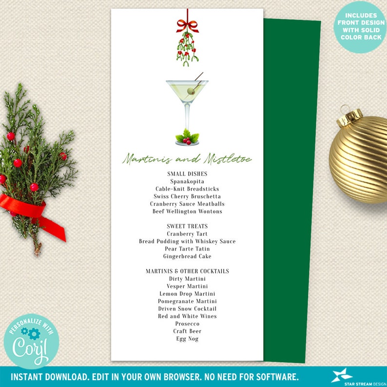 May include: A printable Christmas party menu with a green background and a mistletoe illustration. The menu lists small dishes, sweet treats, and martinis and other cocktails. The text "Martinis and Mistletoe" is in a festive font.