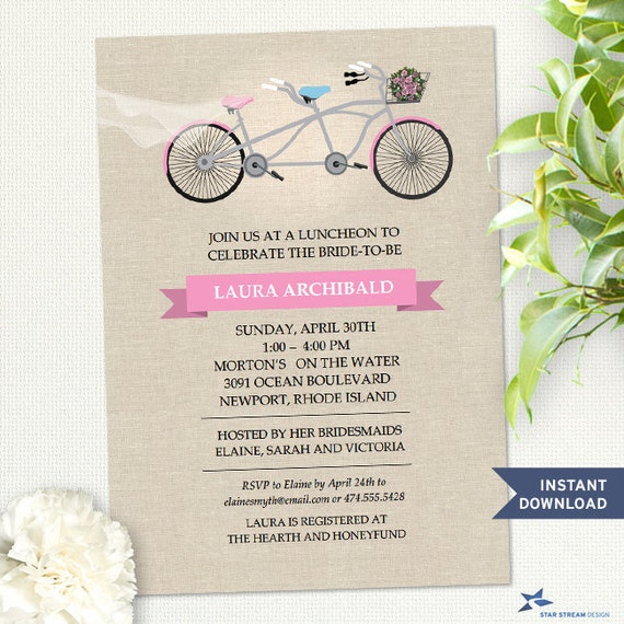 Tandem Pink Bicycle Faux Linen Bridal Wedding Shower Printable Invitation Template; Instant Download Editable PDF Il_570xn