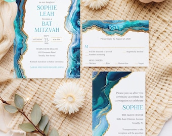 Blue Gold Agate Bat or Bar Mitzvah Invitation Suite Template, Editable Corjl Invite, Matching RSVP & Insert Cards, Printable