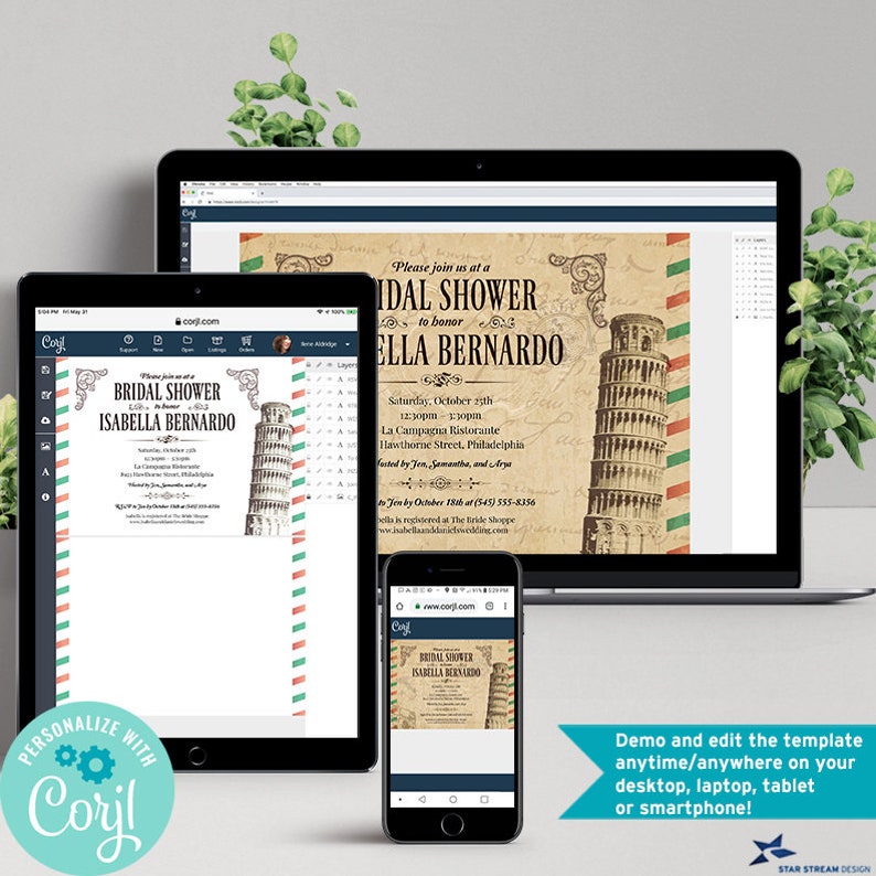 May include: A laptop, tablet, and smartphone displaying a digital bridal shower invitation template featuring the Leaning Tower of Pisa, vintage script text, and red and green striped borders on a beige background with the Corjl logo.