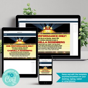 May include: A digital invitation for a birthday party with a red and yellow marquee design. The invitation says "One Performance Only!" and includes the name "Gabriella Rosenberg".