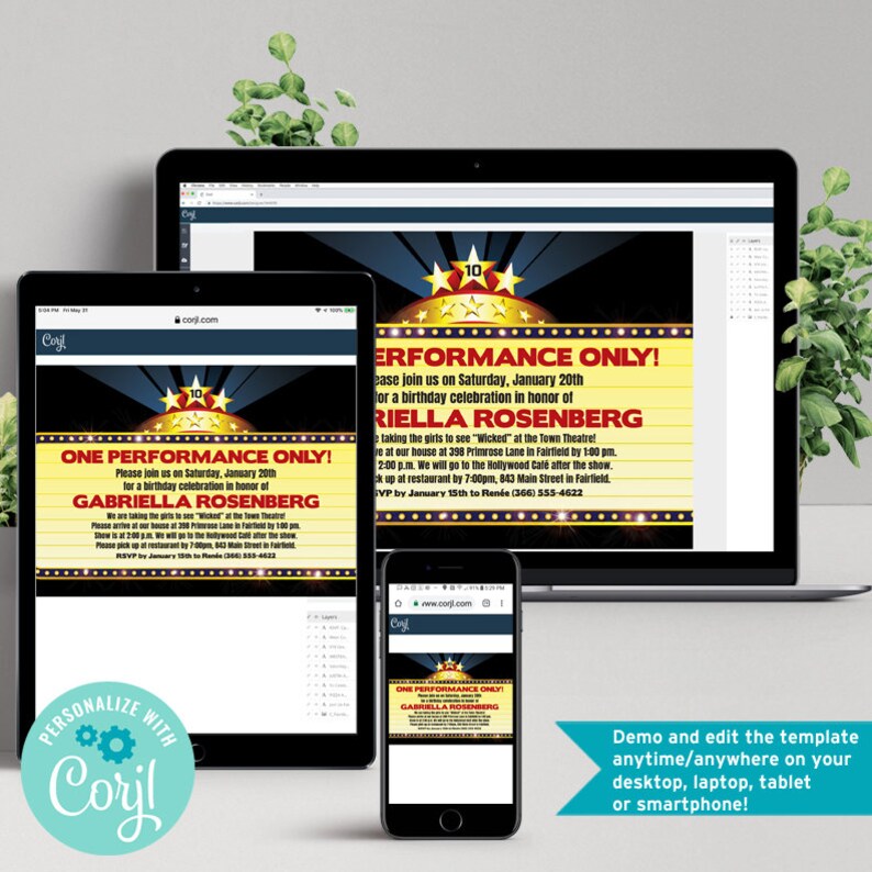 May include: A digital invitation for a birthday party with a red and yellow marquee design. The invitation says "One Performance Only!" and includes the name "Gabriella Rosenberg".