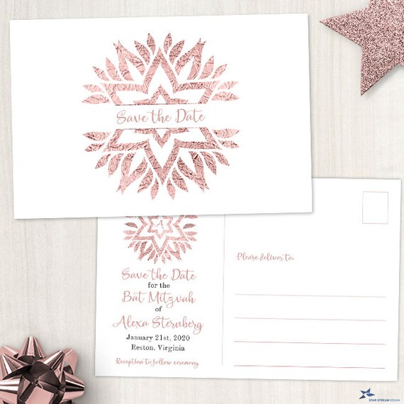 Rose Gold Foil Look Star Mandala Bat Mitzvah Save the Date Postcard or Flat Card; Printable, Evite or Printed (US Only) Announcements Il_570xn