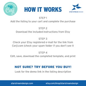 May include: A blue and white graphic with the text "HOW IT WORKS" and instructions on how to personalize a product using Corjl.com. The graphic also includes the text "NOT SURE? TRY BEFORE YOU BUY!" and instructions on how to find a demo link in the listing description.