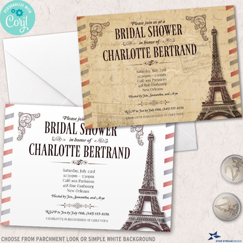 Plan a Parisian or French-themed bridal shower with a Parisian bridal shower invitation meant to look like an old postcard. The Eiffel Tower is dominant on the right side, with borders of red and blue stripes to resemble an airmail letter. The background on the antique parchment version looks like an aged letter with subtle engraving, cursive handwriting, and visa and postage stamps. The other version prints against white so that you can express yourself through your own paper selection.