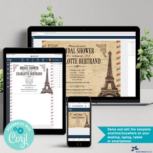 May include: A laptop, tablet, and smartphone displaying a digital bridal shower invitation template featuring an Eiffel Tower illustration, vintage paper background, and red and blue striped borders with the text Charlotte Bertrand.
