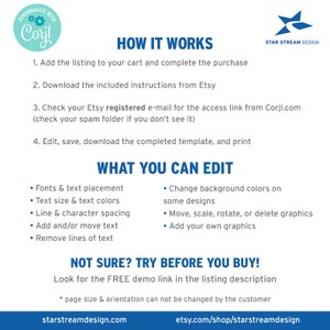 K&ouml;nnte beinhalten: Eine Anleitung zur Personalisierung einer digitalen Vorlage mit Corjl.com. Die Anleitung erkl&auml;rt, wie Sie die Vorlage herunterladen, bearbeiten und drucken. Sie listet auch die bearbeitbaren Funktionen auf, wie z. B. Schriftarten, Textplatzierung, Farben und Grafiken. Die Anleitung enth&auml;lt die Website-Adresse starstreamdesign.com und etsy.com/shop/starstreamdesign.