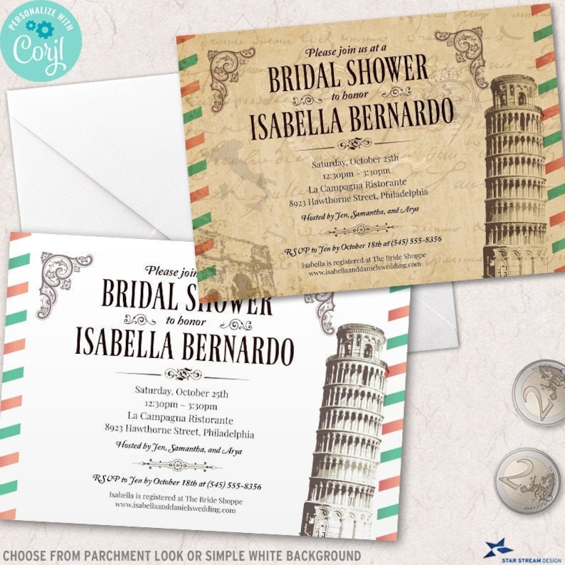 Elegant Italian-themed bridal shower invitation featuring a vintage illustration of the Leaning Tower of Pisa, ornate decorative flourishes, and red and green diagonal stripes along the sides. Available in two designs: an aged parchment-style background with vintage script details or a clean white background suitable for printing on colored or specialty paper of your choice. Classic dark brown typography completes the romantic Italian-inspired design.