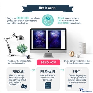 May include: How to personalize and print digital designs using Corjl. A computer screen shows a galaxy-themed invitation with the text "Night Under the Stars". The steps are: purchase, personalize, and print.