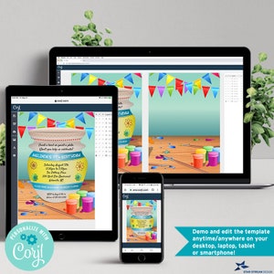 May include: A colorful invitation template for a 7th birthday party with a paint-your-own pottery theme. The invitation features a cartoon illustration of a pottery bowl, paintbrushes, and paint pots. The text on the invitation reads "Paint a bowl or paint a plate, Won't you help us celebrate? Melinda's 7th Birthday".