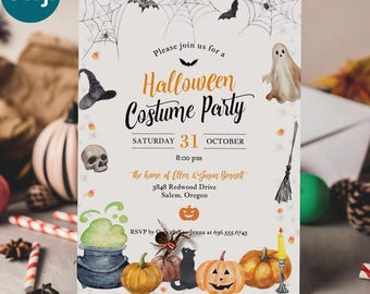 Watercolor Halloween Costume Party Invitation Template, Spooky Cute Halloween Invite Printable, Kid or Adult party, Editable on Corjl, 5x7