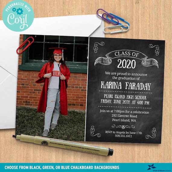 Chalkboard Class Graduation Announcement, 3 chalkboard colors | 2-sided, 7x5 | Digital Editable Template | Edit Online & Print Yourself Il_570xn