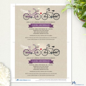 Purple Two Bicycles Love Faux Linen Bridal Wedding Shower Printable Invitation Template Instant Download Editable PDF image 2