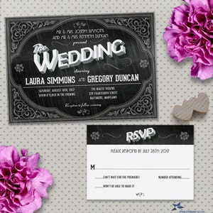 Vintage Movie Title Screen Wedding Stationery Set; Invitation and Reply Card; Printable, Evite or Printed (US Only) Invitations